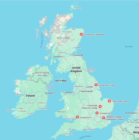 UK map with ABE hub locations marked